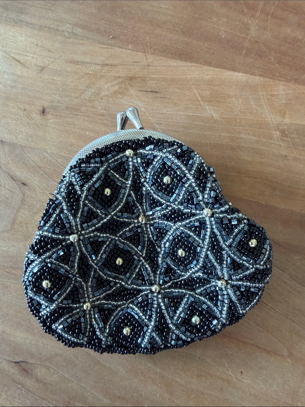 Neiman Marcus Black and Silver Beaded Heart Coin Purse